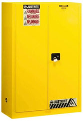 Justrite - 2 Door, 2 Shelf, Yellow Steel Standard Safety Cabinet for Flammable and Combustible Liquids - 65" High x 43" Wide x 18" Deep, Manual Closing Door, 3 Point Key Lock, 45 Gal Capacity - Eagle Tool & Supply