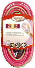Southwire - 50', 12/3 Gauge/Conductors, Pink/Lime Green Outdoor Extension Cord - 1 Receptacle, 15 Amps, 125 VAC, UL SJTW, NEMA 5-15P, 5-15R - Eagle Tool & Supply