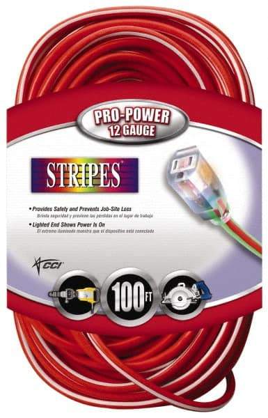 Southwire - 100', 12/3 Gauge/Conductors, Red/White Outdoor Extension Cord - 1 Receptacle, 15 Amps, 125 VAC, UL SJTW, NEMA 5-15P, 5-15R - Eagle Tool & Supply