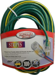 Southwire - 100', 12/3 Gauge/Conductors, Green/Yellow Outdoor Extension Cord - 1 Receptacle, 15 Amps, 125 VAC, UL SJTW, NEMA 5-15P, 5-15R - Eagle Tool & Supply