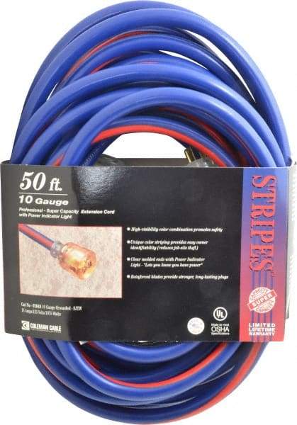 Southwire - 50', 10/3 Gauge/Conductors, Blue/Red Outdoor Extension Cord - 1 Receptacle, 15 Amps, 125 VAC, UL SJTW, NEMA 5-15P, 5-15R - Eagle Tool & Supply