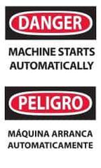 NMC - Accident Prevention Label, Header: DANGER - Legend: Danger - Machine Starts Automatically, English & Spanish, Black, Red & White, 3" Long x 5" High, Sign Muscle Finish - Eagle Tool & Supply