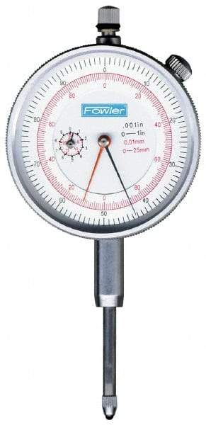 Fowler - 1" Range, 0-100, 0-200-0 Dial Reading, 0.001" Graduation Dial Drop Indicator - 2-1/4" Dial, 0.1" Range per Revolution, Revolution Counter - Eagle Tool & Supply