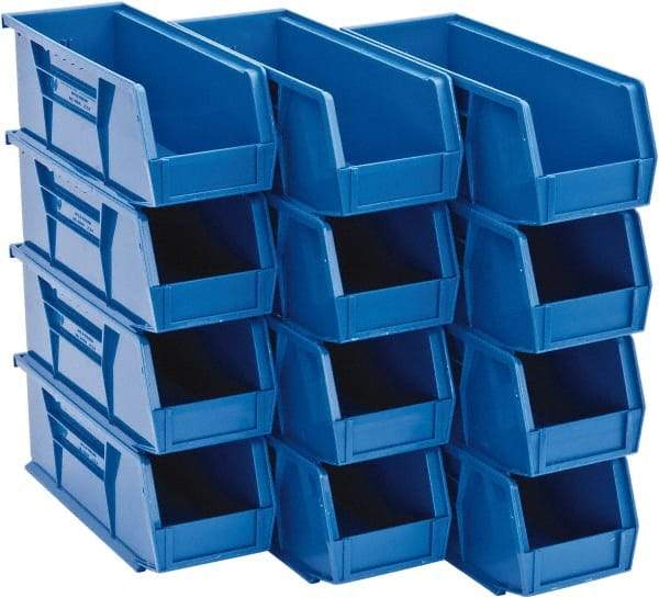 Quantum Storage - 30 Lb. Load Capacity, 10-7/8" Deep, Blue Polypropylene Hopper Stacking Bin - 4" High x 4-1/8" Wide x 10-7/8" Long - Eagle Tool & Supply