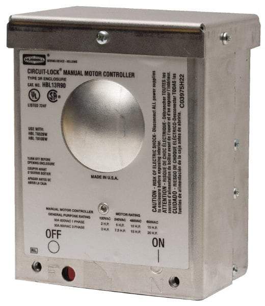 Hubbell Wiring Device-Kellems - 2 Poles, 60 Amp, NEMA, Enclosed Pushbutton Manual Motor Starter - 111.8mm Wide x 83.8mm Deep x 256.8mm High, 15 hp, CSA Certified, NEMA 3R & UL Listed - Eagle Tool & Supply