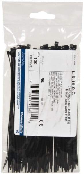 Thomas & Betts - 6.4" Long Black Nylon Standard Cable Tie - 18 Lb Tensile Strength, 1.13mm Thick, 1-1/2" Max Bundle Diam - Eagle Tool & Supply