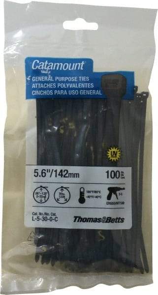 Thomas & Betts - 5.6" Long Black Nylon Standard Cable Tie - 30 Lb Tensile Strength, 1.21mm Thick, 1-1/4" Max Bundle Diam - Eagle Tool & Supply