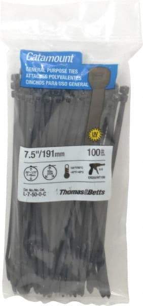 Thomas & Betts - 7-1/2" Long Black Nylon Standard Cable Tie - 50 Lb Tensile Strength, 1.35mm Thick, 5/8" Max Bundle Diam - Eagle Tool & Supply