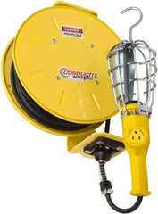 Conductix - 16 AWG, 25' Cable Length, Cord & Cable Reel with Incandescent Hand Lamp End - 1 Outlet, NEMA 5-15R, 10 Amps, 125 Volts, SOOW-A Cable, Yellow Reel, Spring Driven Reel - Eagle Tool & Supply