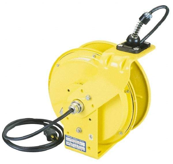 Conductix - 16 AWG, 35' Cable Length, Cord & Cable Reel with Bare End - 3 Outlets, NEMA 5-15R, 10 Amps, 110 Volts, SOOW-A Cable, Yellow Reel, Spring Driven Reel - Eagle Tool & Supply