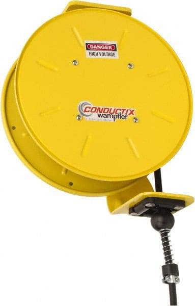 Conductix - 16 AWG, 50' Cable Length, Cord & Cable Reel with Bare End - 3 Outlets, NEMA 5-15R, 10 Amps, 110 Volts, SOOW-A Cable, Yellow Reel, Spring Driven Reel - Eagle Tool & Supply