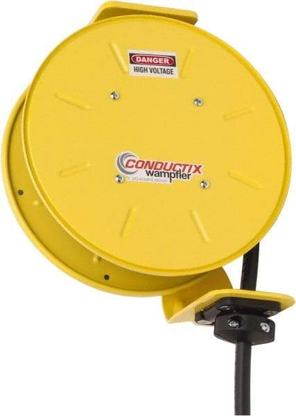 Conductix - 12 AWG, 20' Cable Length, Cord & Cable Reel with Bare End - 3 Outlets, NEMA 5-20R, 20 Amps, SEOW-A Cable, Yellow Reel, Spring Driven Reel - Eagle Tool & Supply