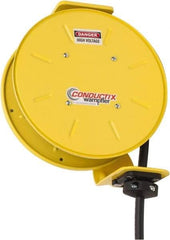 Conductix - 14 AWG, 30' Cable Length, Cord & Cable Reel with Bare End - 3 Outlets, NEMA 5-15R, 15 Amps, SEOW-A Cable, Yellow Reel, Spring Driven Reel - Eagle Tool & Supply