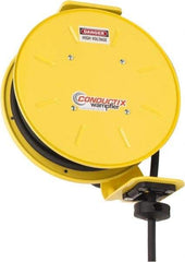 Conductix - 12 AWG, 30' Cable Length, Cord & Cable Reel with Bare End - 3 Outlets, NEMA 5-20R, 20 Amps, SEOW-A Cable, Yellow Reel, Spring Driven Reel - Eagle Tool & Supply