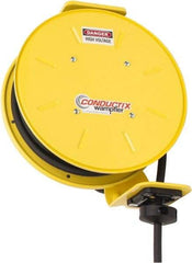 Conductix - 14 AWG, 40' Cable Length, Cord & Cable Reel with Bare End - 3 Outlets, NEMA 5-15R, 15 Amps, SEOW-A Cable, Yellow Reel, Spring Driven Reel - Eagle Tool & Supply