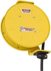 Conductix - 14 AWG, 20' Cable Length, Cord & Cable Reel with Bare End - 4 Outlets, NEMA 5-15R, 12 Amps, SEOW-A Cable, Yellow Reel, Spring Driven Reel - Eagle Tool & Supply