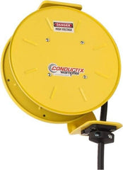 Conductix - 12 AWG, 20' Cable Length, Cord & Cable Reel with Bare End - 4 Outlets, NEMA 5-15R, 16 Amps, SEOW-A Cable, Yellow Reel, Spring Driven Reel - Eagle Tool & Supply