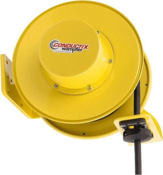 Conductix - 12 AWG, 40' Cable Length, Cord & Cable Reel with Bare End - 4 Outlets, NEMA 5-15R, 16 Amps, SEOW-A Cable, Yellow Reel, Spring Driven Reel - Eagle Tool & Supply