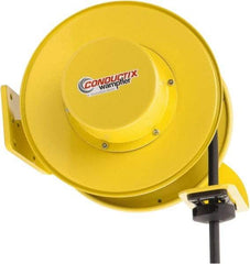 Conductix - 10 AWG, 50' Cable Length, Cord & Cable Reel with Bare End - 4 Outlets, NEMA 5-20R, 20 Amps, SEOW-A Cable, Yellow Reel, Spring Driven Reel - Eagle Tool & Supply