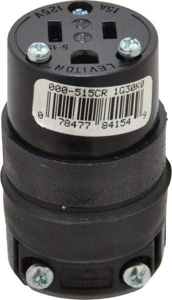 Leviton - 125 VAC, 15 Amp, 5-15R NEMA, Straight, Self Grounding, Residential Grade Connector - 2 Pole, 3 Wire, 1 Phase, Rubber, Black - Eagle Tool & Supply