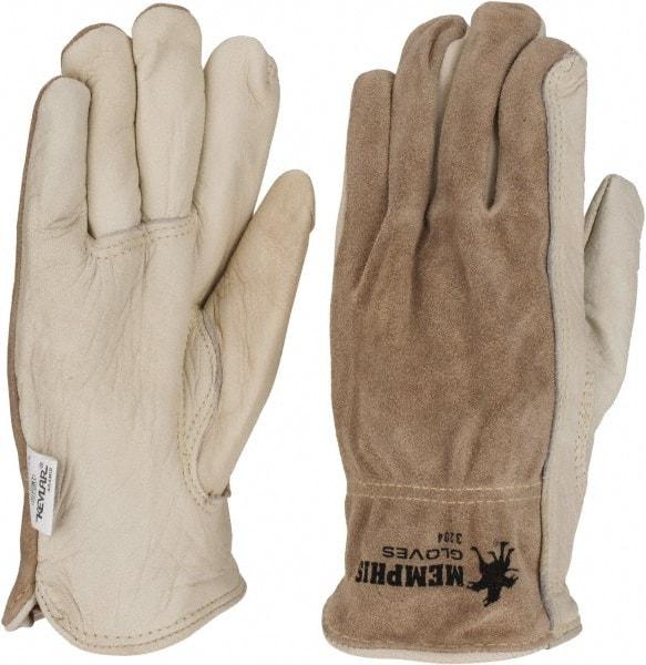 MCR Safety - Size M (8) Split Back/Grain Palm Cowhide General Protection Work Gloves - For Work & Driver, Uncoated, Full Fingered, Cream/Black/Brown, Paired - Eagle Tool & Supply