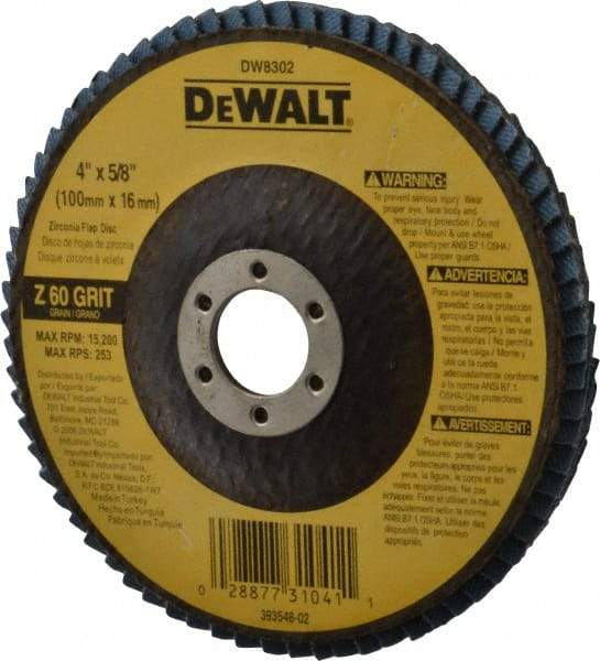 DeWALT - 60 Grit, 4" Disc Diam, 5/8" Center Hole, Type 27 Zirconia Alumina Flap Disc - 15,200 Max RPM, Fiberglass Backing, Arbor Attaching System, Coated - Eagle Tool & Supply