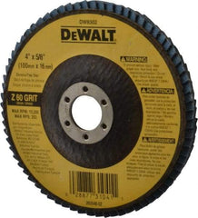 DeWALT - 60 Grit, 4" Disc Diam, 5/8" Center Hole, Type 27 Zirconia Alumina Flap Disc - 15,200 Max RPM, Fiberglass Backing, Arbor Attaching System, Coated - Eagle Tool & Supply