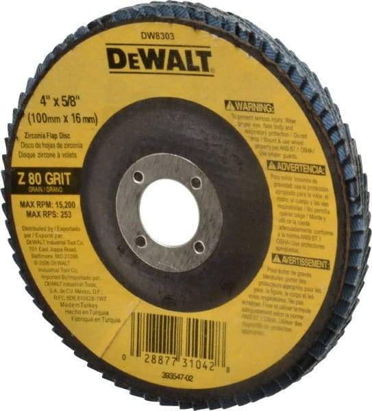 DeWALT - 80 Grit, 4" Disc Diam, 5/8" Center Hole, Type 27 Zirconia Alumina Flap Disc - 15,200 Max RPM, Fiberglass Backing, Arbor Attaching System, Coated - Eagle Tool & Supply