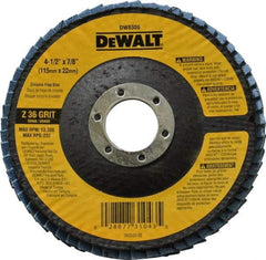 DeWALT - 36 Grit, 4-1/2" Disc Diam, 7/8" Center Hole, Type 29 Zirconia Alumina Flap Disc - 13,300 Max RPM, Fiberglass Backing, Arbor Attaching System, Coated - Eagle Tool & Supply