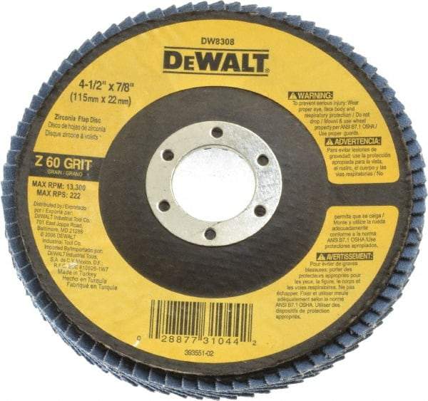 DeWALT - 60 Grit, 4-1/2" Disc Diam, 7/8" Center Hole, Type 29 Zirconia Alumina Flap Disc - 13,300 Max RPM, Fiberglass Backing, Arbor Attaching System, Coated - Eagle Tool & Supply