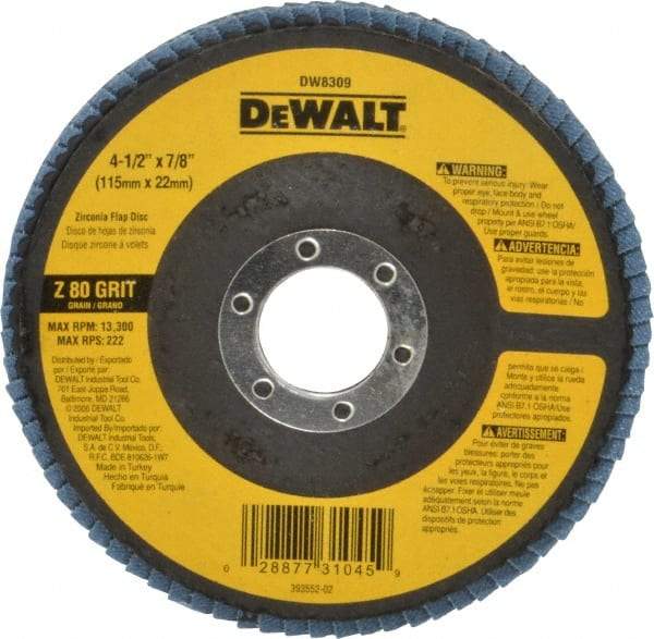 DeWALT - 80 Grit, 4-1/2" Disc Diam, 7/8" Center Hole, Type 29 Zirconia Alumina Flap Disc - 13,300 Max RPM, Fiberglass Backing, Arbor Attaching System, Coated - Eagle Tool & Supply