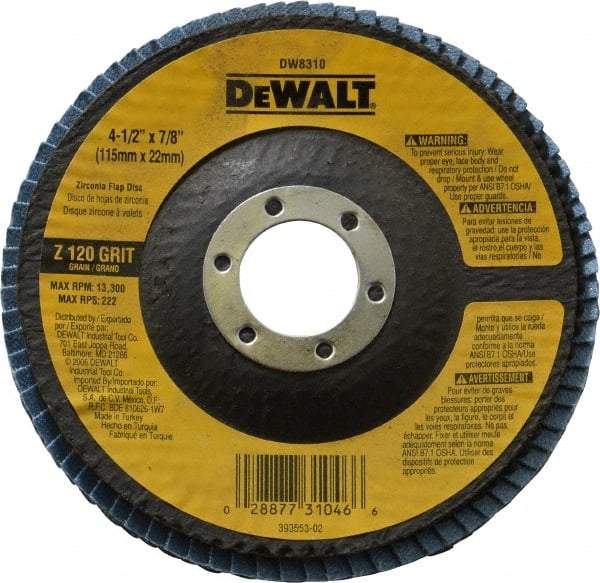 DeWALT - 120 Grit, 4-1/2" Disc Diam, 7/8" Center Hole, Type 29 Zirconia Alumina Flap Disc - 13,300 Max RPM, Fiberglass Backing, Arbor Attaching System, Coated - Eagle Tool & Supply