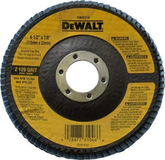 DeWALT - 120 Grit, 4-1/2" Disc Diam, 7/8" Center Hole, Type 29 Zirconia Alumina Flap Disc - 13,300 Max RPM, Fiberglass Backing, Arbor Attaching System, Coated - Eagle Tool & Supply
