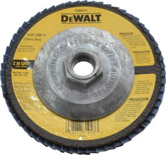 DeWALT - 36 Grit, 4-1/2" Disc Diam, 5/8-11 Center Hole, Type 29 Zirconia Alumina Flap Disc - 13,300 Max RPM, Fiberglass Backing, Arbor Attaching System, Coated - Eagle Tool & Supply