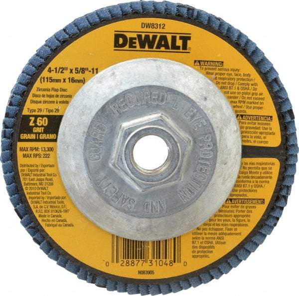 DeWALT - 60 Grit, 4-1/2" Disc Diam, 5/8-11 Center Hole, Type 29 Zirconia Alumina Flap Disc - 13,300 Max RPM, Fiberglass Backing, Arbor Attaching System, Coated - Eagle Tool & Supply