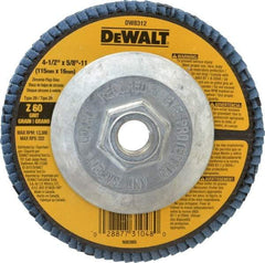 DeWALT - 60 Grit, 4-1/2" Disc Diam, 5/8-11 Center Hole, Type 29 Zirconia Alumina Flap Disc - 13,300 Max RPM, Fiberglass Backing, Arbor Attaching System, Coated - Eagle Tool & Supply