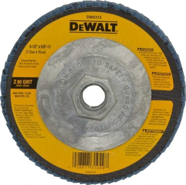 DeWALT - 80 Grit, 4-1/2" Disc Diam, 5/8-11 Center Hole, Type 29 Zirconia Alumina Flap Disc - 13,300 Max RPM, Fiberglass Backing, Arbor Attaching System, Coated - Eagle Tool & Supply