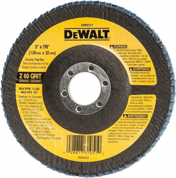 DeWALT - 60 Grit, 5" Disc Diam, 7/8" Center Hole, Type 29 Zirconia Alumina Flap Disc - 12,200 Max RPM, Fiberglass Backing, Arbor Attaching System, Coated - Eagle Tool & Supply
