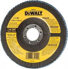 DeWALT - 60 Grit, 5" Disc Diam, 7/8" Center Hole, Type 29 Zirconia Alumina Flap Disc - 12,200 Max RPM, Fiberglass Backing, Arbor Attaching System, Coated - Eagle Tool & Supply