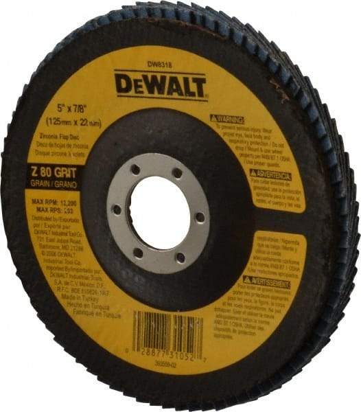 DeWALT - 80 Grit, 5" Disc Diam, 7/8" Center Hole, Type 29 Zirconia Alumina Flap Disc - 12,200 Max RPM, Fiberglass Backing, Arbor Attaching System, Coated - Eagle Tool & Supply