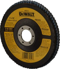 DeWALT - 80 Grit, 5" Disc Diam, 7/8" Center Hole, Type 29 Zirconia Alumina Flap Disc - 12,200 Max RPM, Fiberglass Backing, Arbor Attaching System, Coated - Eagle Tool & Supply