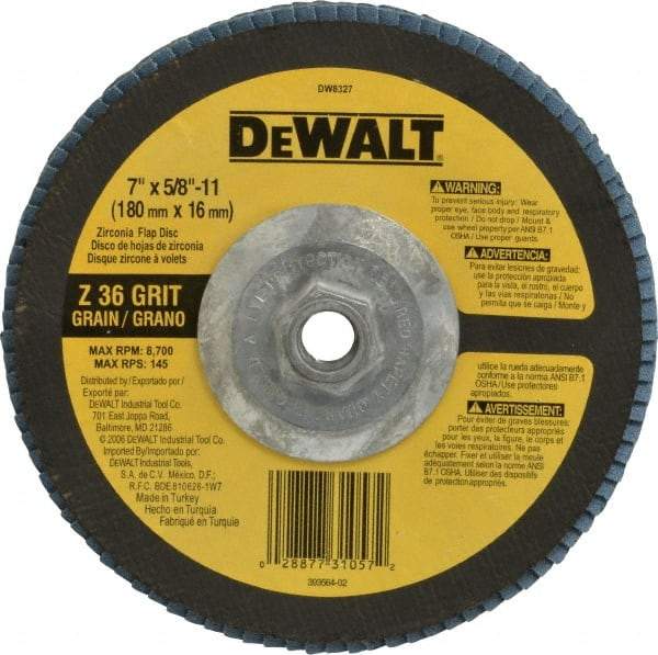 DeWALT - 36 Grit, 7" Disc Diam, 5/8-11 Center Hole, Type 29 Zirconia Alumina Flap Disc - 8,700 Max RPM, Fiberglass Backing, Arbor Attaching System, Coated - Eagle Tool & Supply