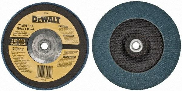 DeWALT - 80 Grit, 7" Disc Diam, 5/8-11 Center Hole, Type 29 Zirconia Alumina Flap Disc - 8,700 Max RPM, Fiberglass Backing, Arbor Attaching System, Coated - Eagle Tool & Supply