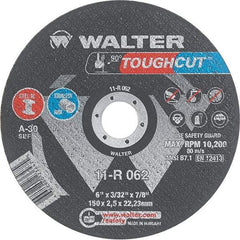 WALTER Surface Technologies - 6" 30 Grit Aluminum Oxide Cutoff Wheel - 3/32" Thick, 7/8" Arbor, 10,200 Max RPM, Use with Angle Grinders - Eagle Tool & Supply