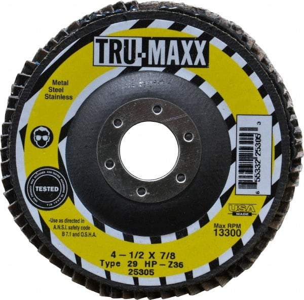 Tru-Maxx - 36 Grit, 4-1/2" Disc Diam, 7/8" Center Hole, Type 29 Zirconia Alumina Flap Disc - 13,300 Max RPM, Arbor Attaching System, Coated - Eagle Tool & Supply