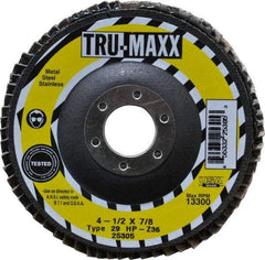 Tru-Maxx - 36 Grit, 4-1/2" Disc Diam, 7/8" Center Hole, Type 29 Zirconia Alumina Flap Disc - 13,300 Max RPM, Arbor Attaching System, Coated - Eagle Tool & Supply
