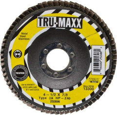 Tru-Maxx - 40 Grit, 4-1/2" Disc Diam, 7/8" Center Hole, Type 29 Zirconia Alumina Flap Disc - 13,300 Max RPM, Arbor Attaching System, Coated - Eagle Tool & Supply