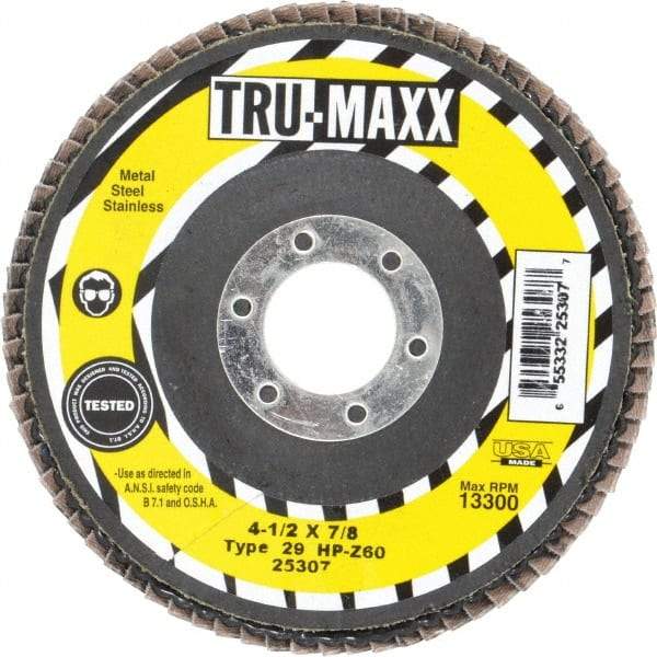 Tru-Maxx - 60 Grit, 4-1/2" Disc Diam, 7/8" Center Hole, Type 29 Zirconia Alumina Flap Disc - 13,300 Max RPM, Arbor Attaching System, Coated - Eagle Tool & Supply