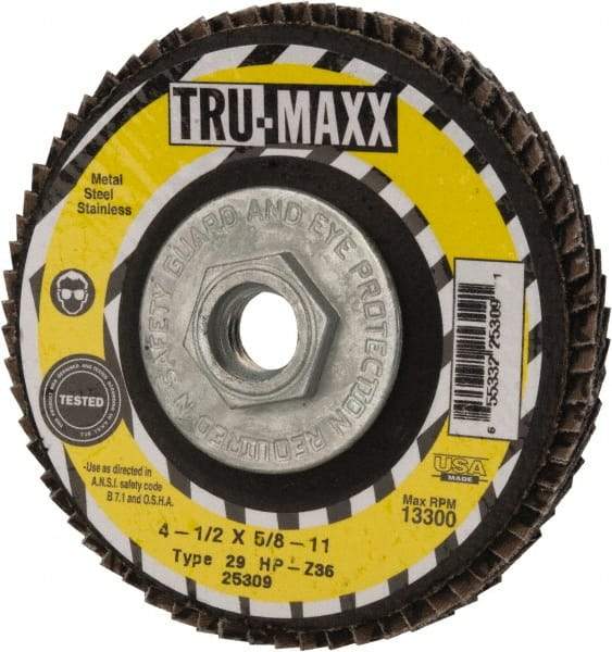 Tru-Maxx - 36 Grit, 4-1/2" Disc Diam, 5/8-11 Center Hole, Type 29 Zirconia Alumina Flap Disc - 13,300 Max RPM, Arbor Attaching System, Coated - Eagle Tool & Supply