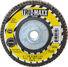 Tru-Maxx - 40 Grit, 4-1/2" Disc Diam, 5/8-11 Center Hole, Type 29 Zirconia Alumina Flap Disc - 13,300 Max RPM, Arbor Attaching System, Coated - Eagle Tool & Supply